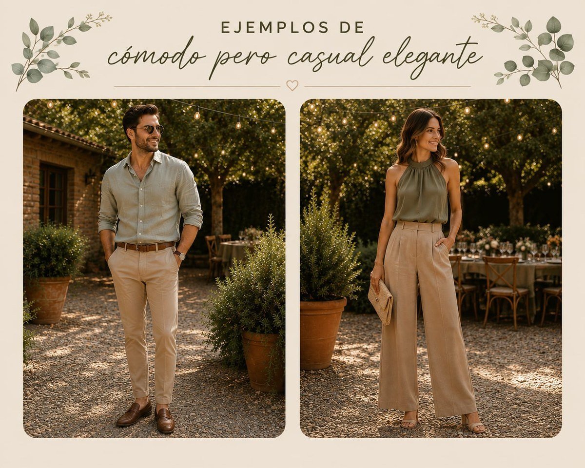 Ejemplos de casual elegante: camisa de lino con pantalón claro, y top con pantalón palazzo