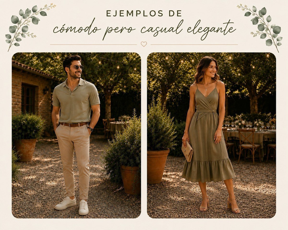 Ejemplos de casual elegante: chomba con pantalón claro, y vestido midi